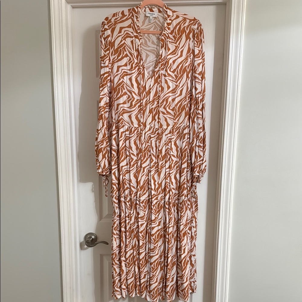 Orange and White V-neck Long Sleeve Sundress